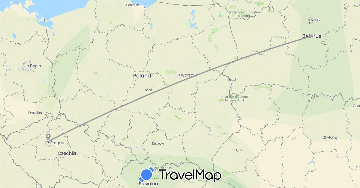 TravelMap itinerary: driving, plane in Belarus, Czech Republic (Europe)